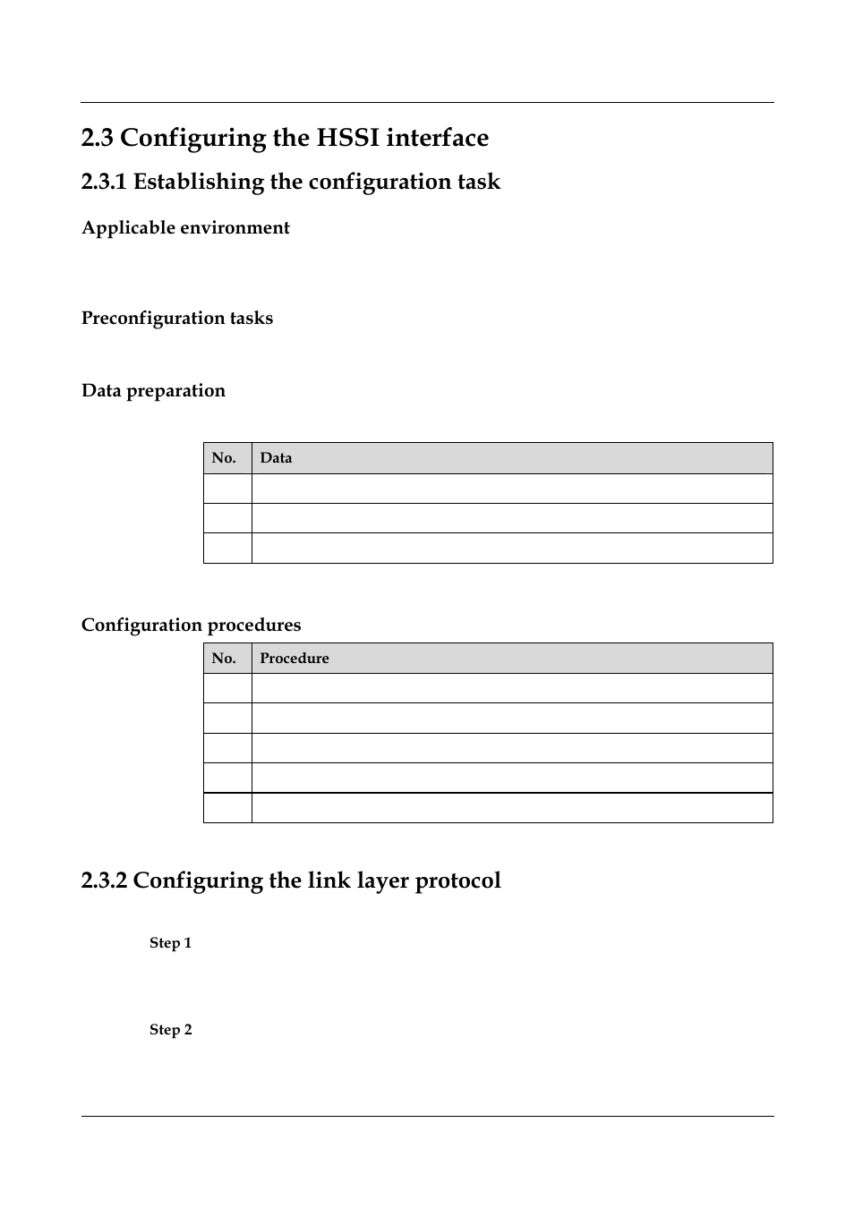 3 configuring the hssi interface, 1 establishing the configuration task, Applicable environment | Preconfiguration tasks, Data preparation, Configuration procedures, 2 configuring the link layer protocol, 3 configuring the hssi interface -10, 1 establishing the configuration task -10, 2 configuring the link layer protocol -10 | Nortel Networks 8000 User Manual | Page 54 / 486