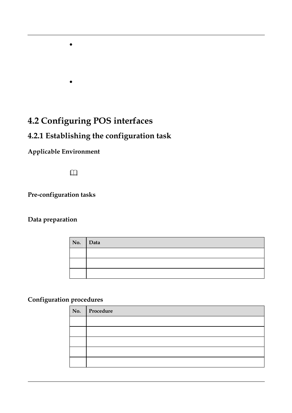 2 configuring pos interfaces, 1 establishing the configuration task, Applicable environment | Pre-configuration tasks, Data preparation, Configuration procedures, 2 configuring e1 interfaces -5, 1 establishing the configuration task -5, 1 introduction | Nortel Networks 8000 User Manual | Page 70 / 486