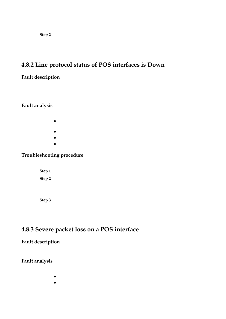 2 line protocol status of pos interfaces is down, Fault description, Fault analysis | Troubleshooting procedure, 3 severe packet loss on a pos interface, 3 severe packet loss on a pos interface -35, Line protocol status of pos interfaces is down, Severe packet loss on a pos interface | Nortel Networks 8000 User Manual | Page 96 / 486