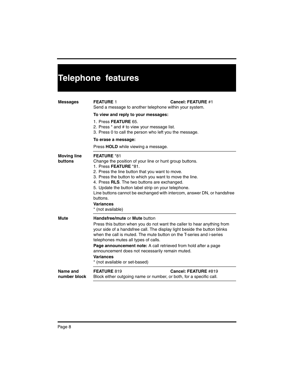 Telephone features | Nortel Networks MERIDIAN BCM 4.0 User Manual | Page 10 / 19