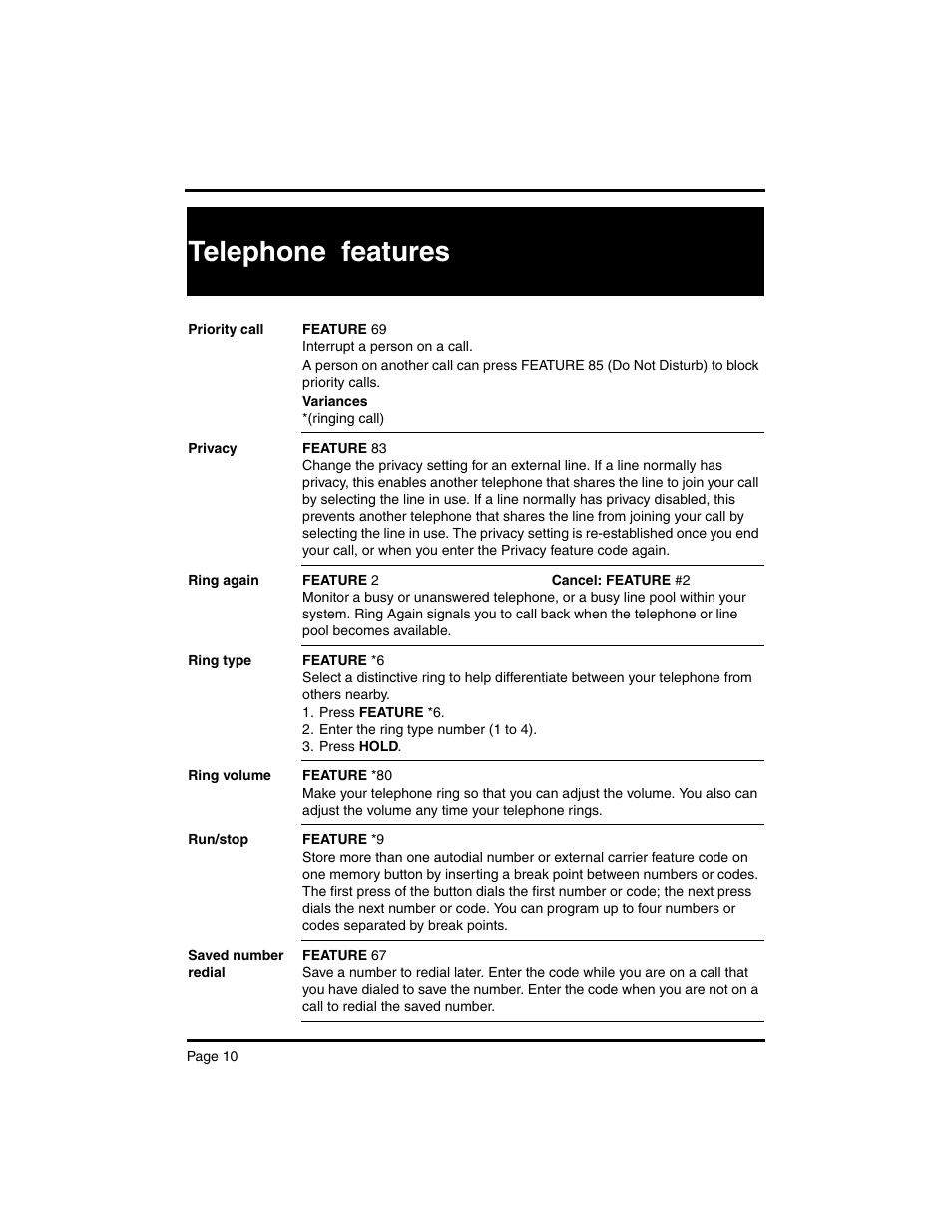 Telephone features | Nortel Networks MERIDIAN BCM 4.0 User Manual | Page 12 / 19