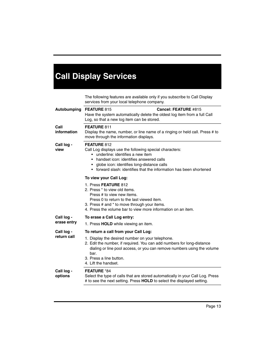 Call display services | Nortel Networks MERIDIAN BCM 4.0 User Manual | Page 15 / 19