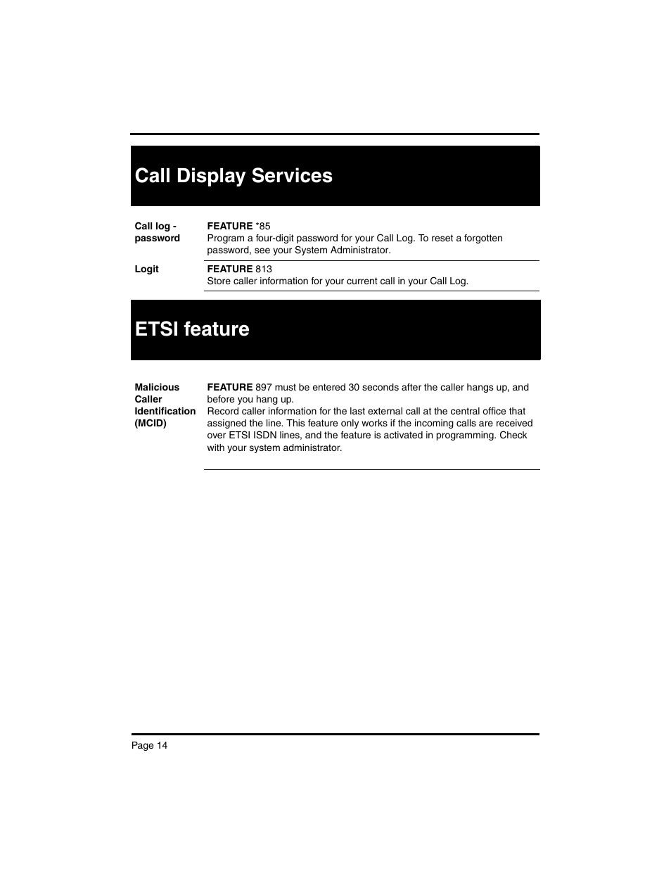 Etsi feature, Call display services | Nortel Networks MERIDIAN BCM 4.0 User Manual | Page 16 / 19