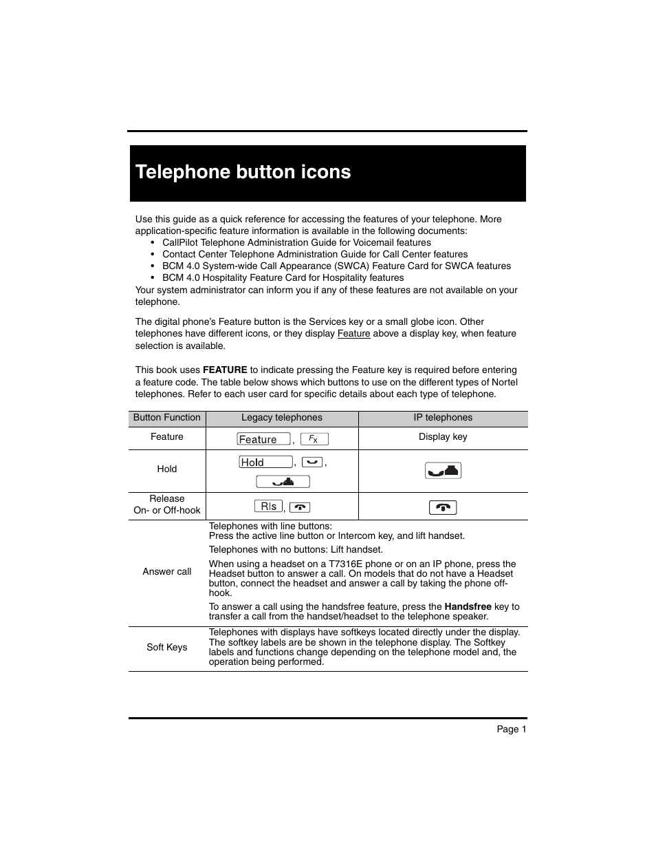 Telephone button icons | Nortel Networks MERIDIAN BCM 4.0 User Manual | Page 3 / 19