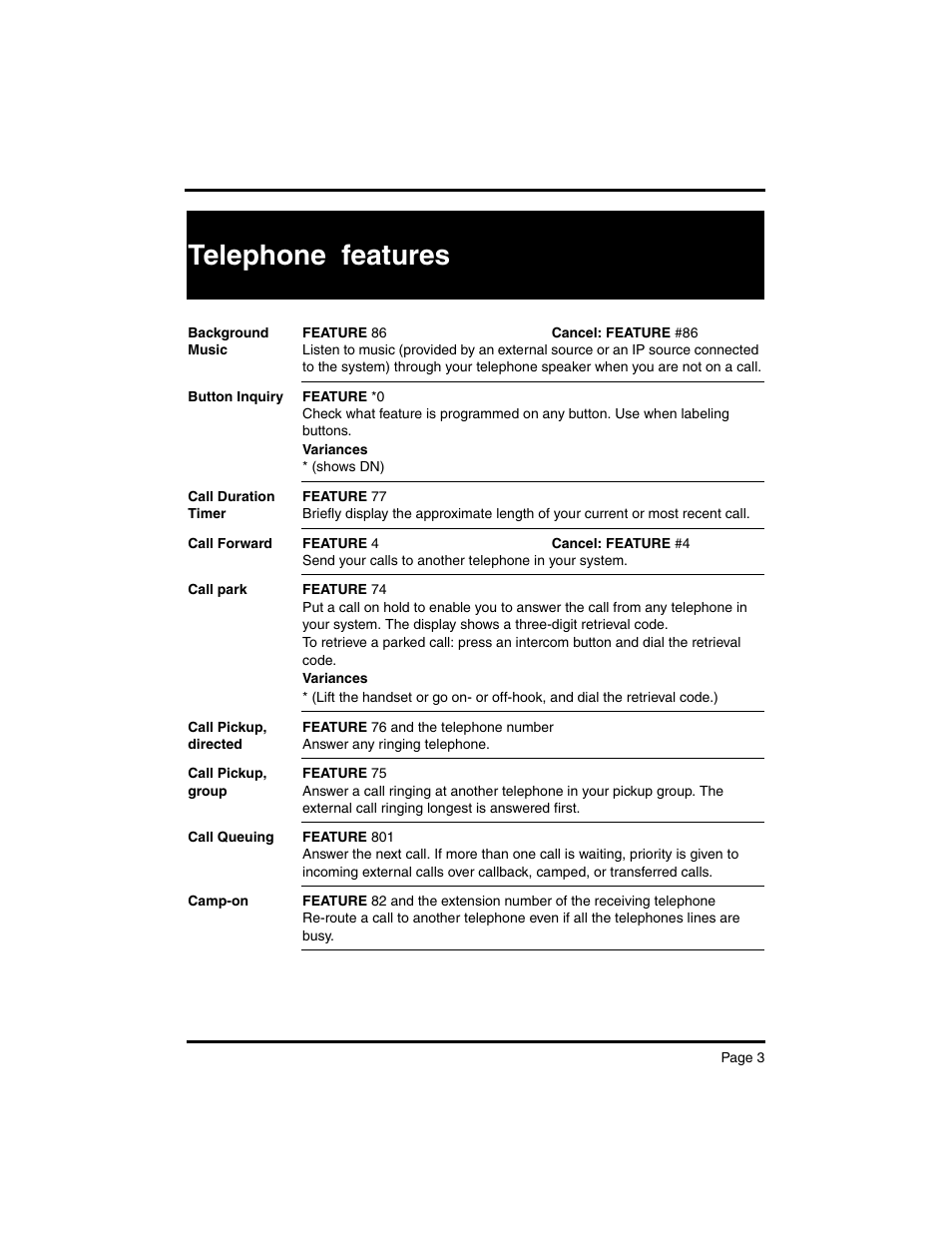 Telephone features | Nortel Networks MERIDIAN BCM 4.0 User Manual | Page 5 / 19