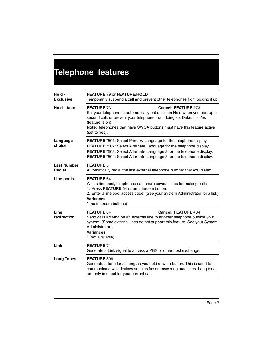 Telephone features | Nortel Networks MERIDIAN BCM 4.0 User Manual | Page 9 / 19