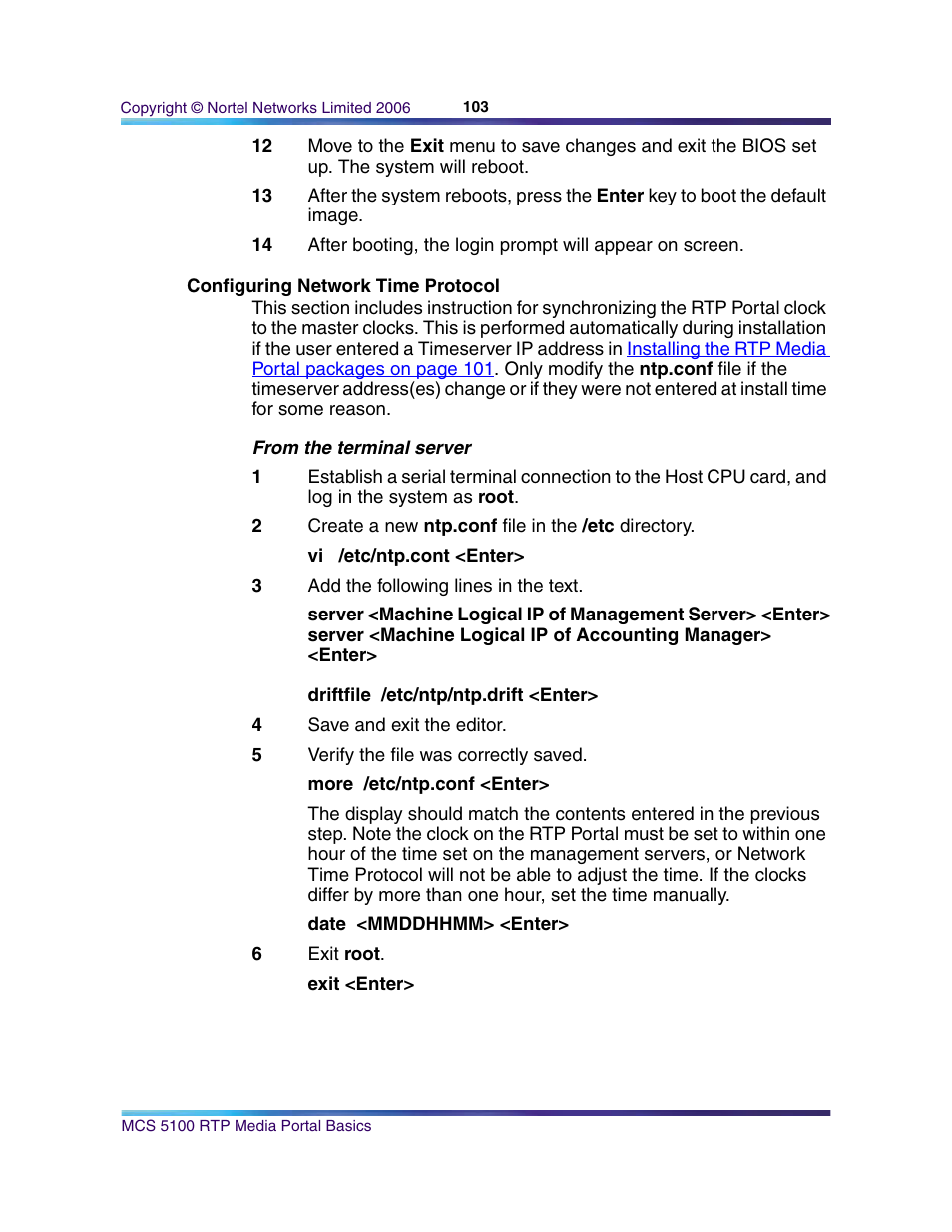 Configuring network time protocol | Nortel Networks NN10265-111 User Manual | Page 103 / 118