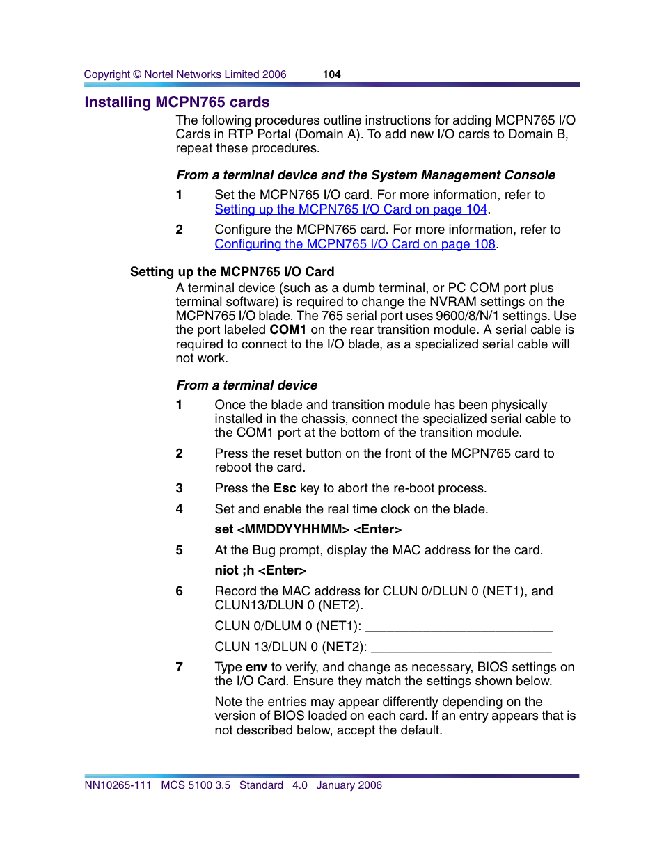 Installing mcpn765 cards, Setting up the mcpn765 i/o card | Nortel Networks NN10265-111 User Manual | Page 104 / 118