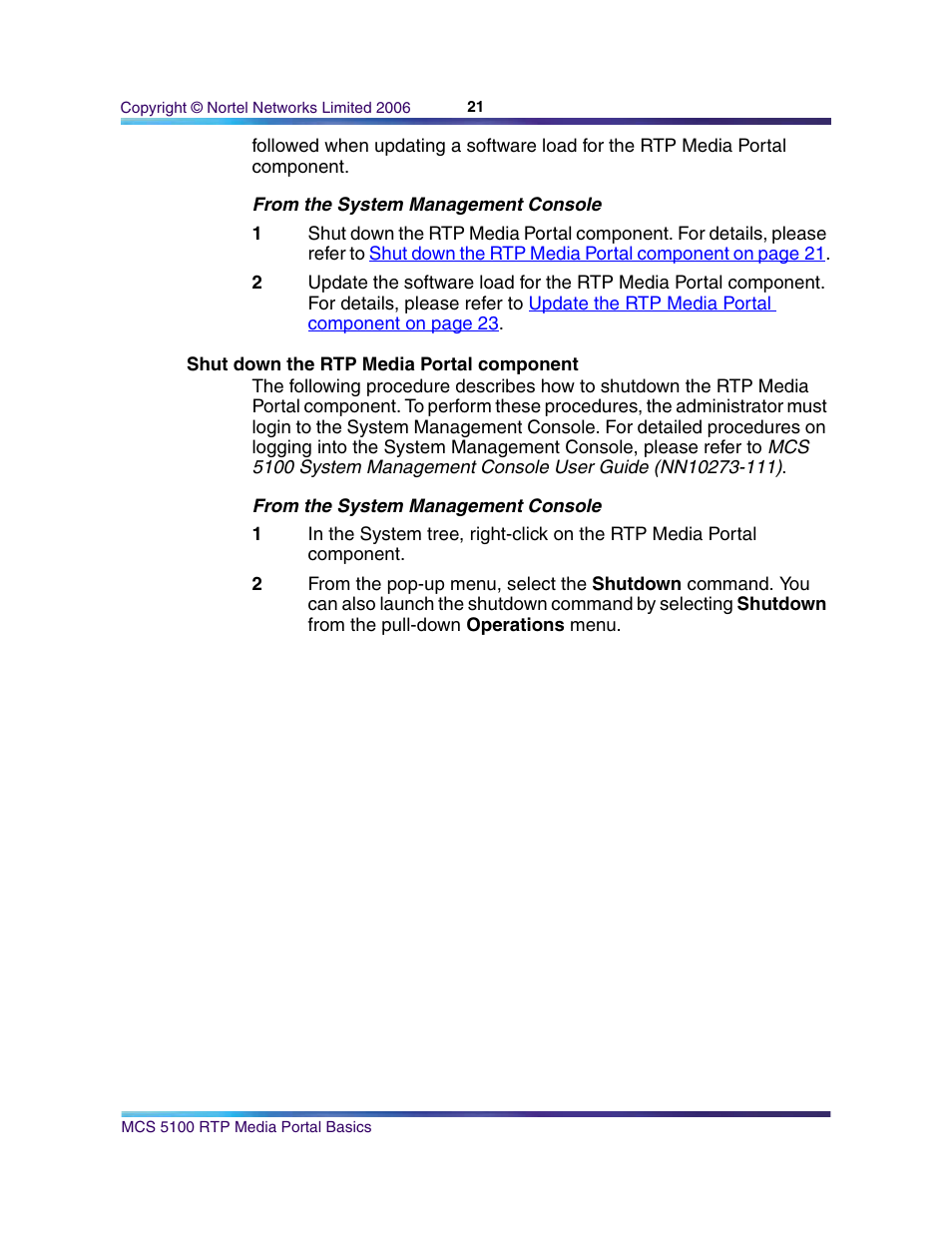 Shut down the rtp media portal component | Nortel Networks NN10265-111 User Manual | Page 21 / 118
