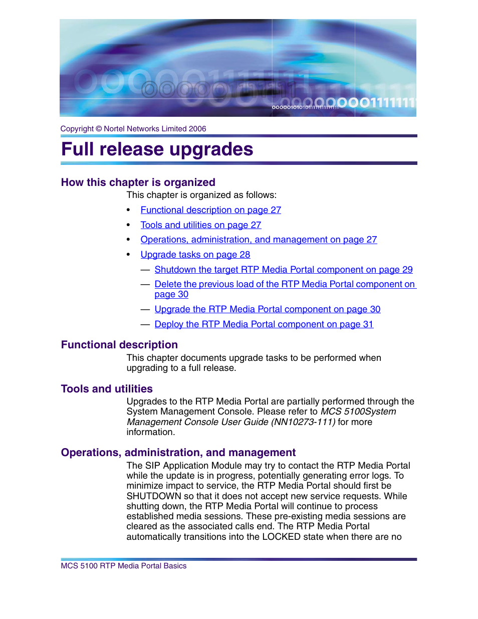 Full release upgrades, How this chapter is organized, Functional description | Tools and utilities, Operations, administration, and management, Full release upgrades on | Nortel Networks NN10265-111 User Manual | Page 27 / 118