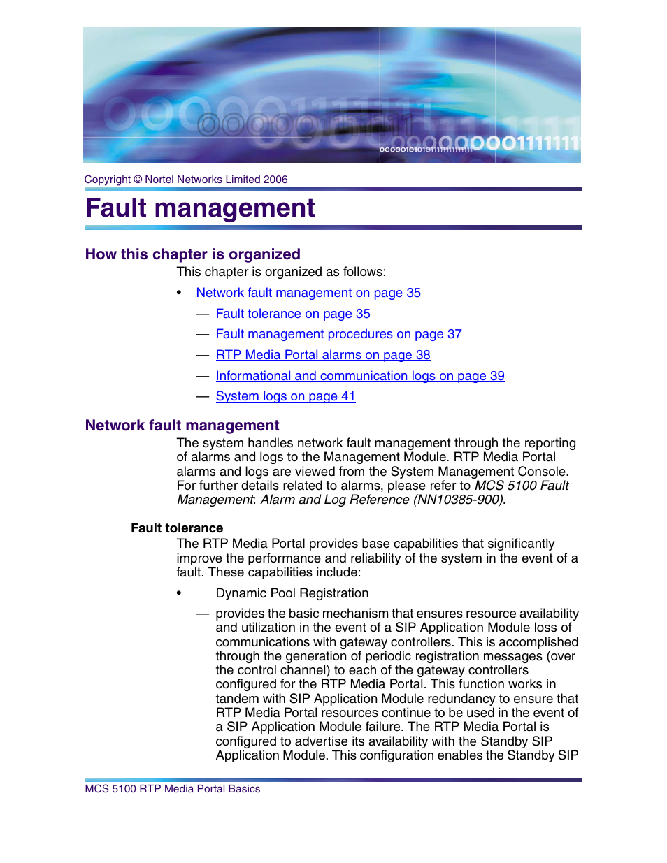 Fault management, How this chapter is organized, Network fault management | Fault tolerance | Nortel Networks NN10265-111 User Manual | Page 35 / 118