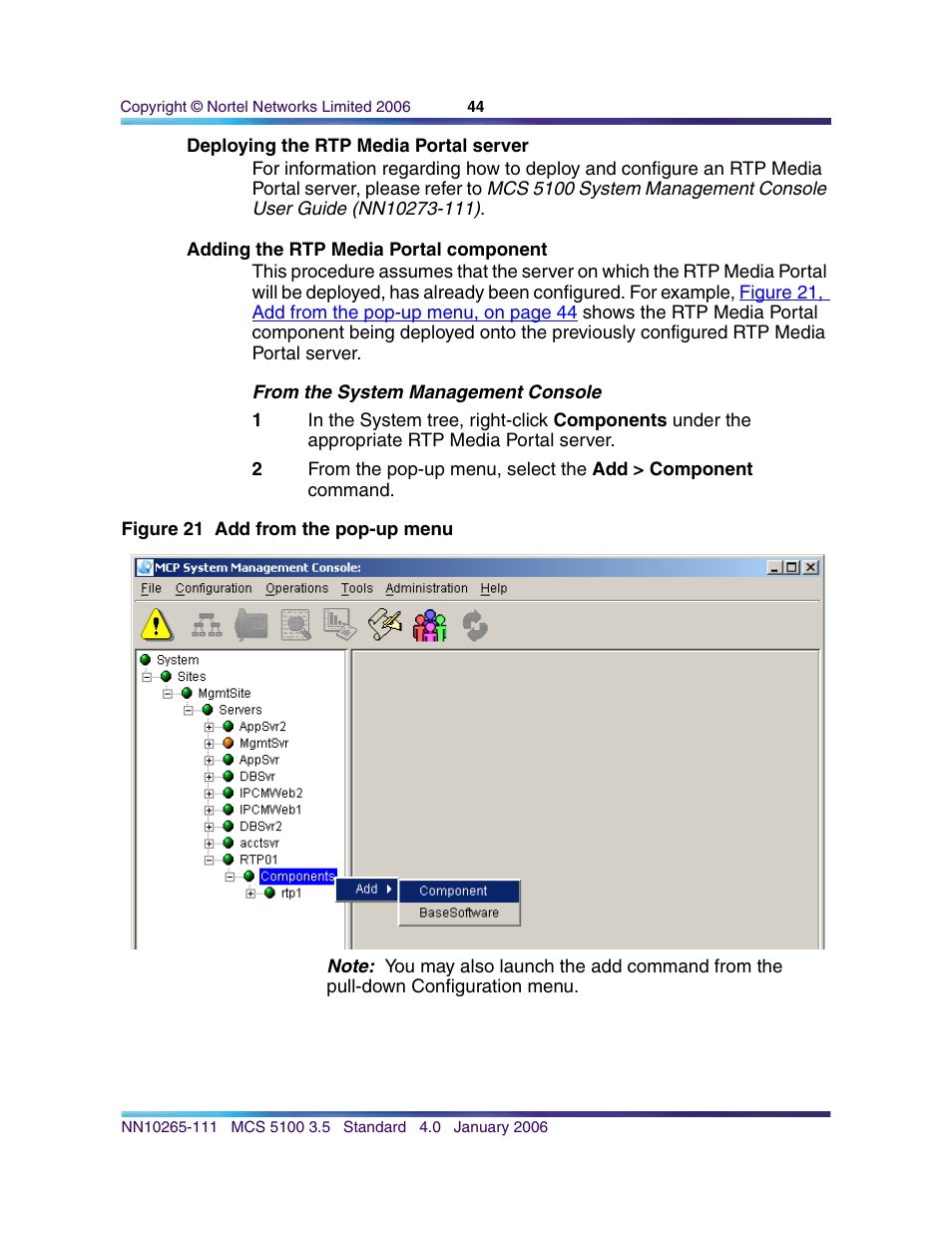 Deploying the rtp media portal server, Adding the rtp media portal component | Nortel Networks NN10265-111 User Manual | Page 44 / 118