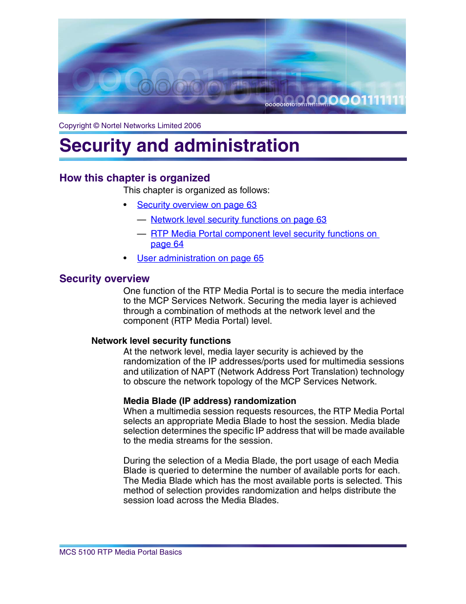 Security and administration, How this chapter is organized, Security overview | Network level security functions, Media blade (ip address) randomization | Nortel Networks NN10265-111 User Manual | Page 63 / 118