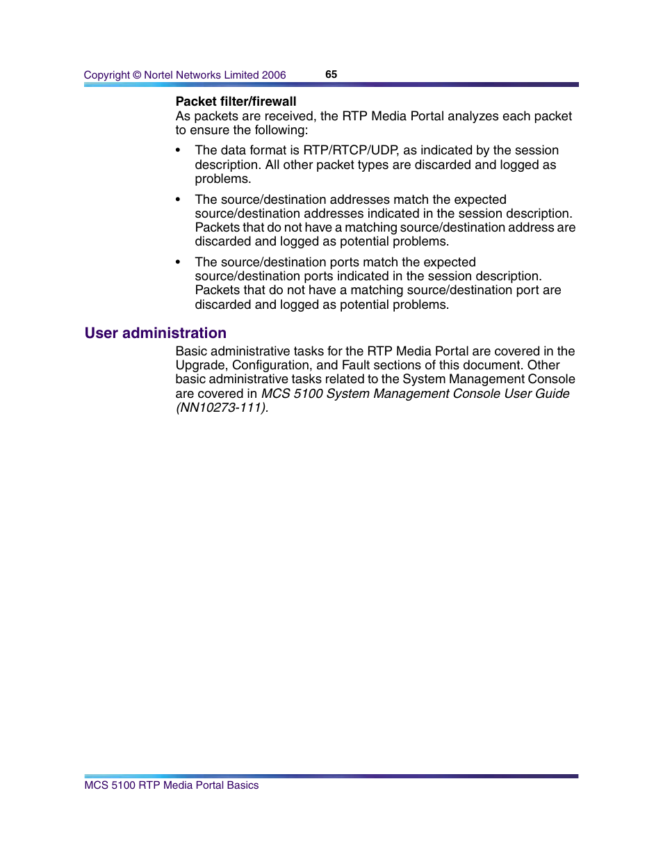 Packet filter/firewall, User administration | Nortel Networks NN10265-111 User Manual | Page 65 / 118