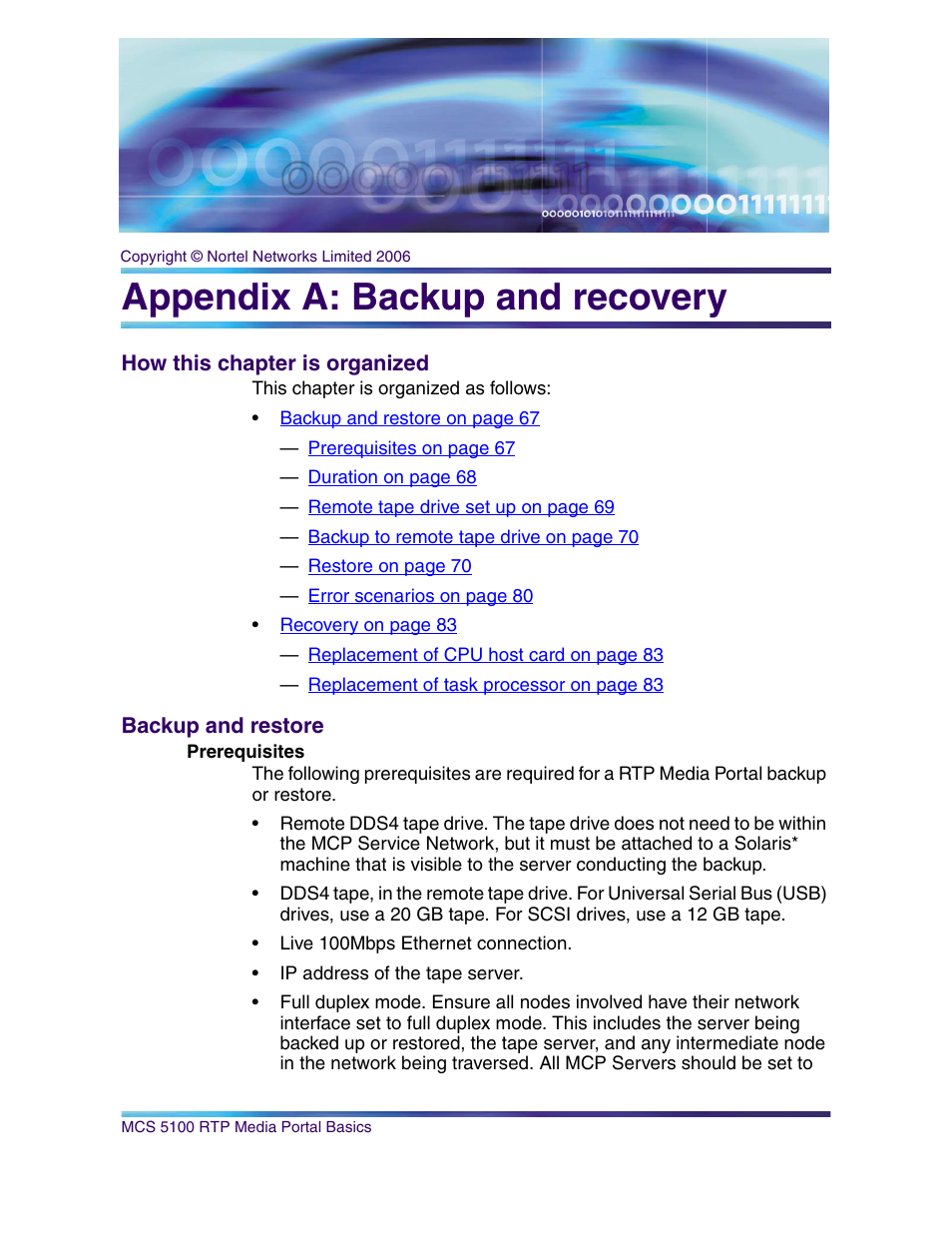 Appendix a: backup and recovery, How this chapter is organized, Backup and restore | Prerequisites | Nortel Networks NN10265-111 User Manual | Page 67 / 118