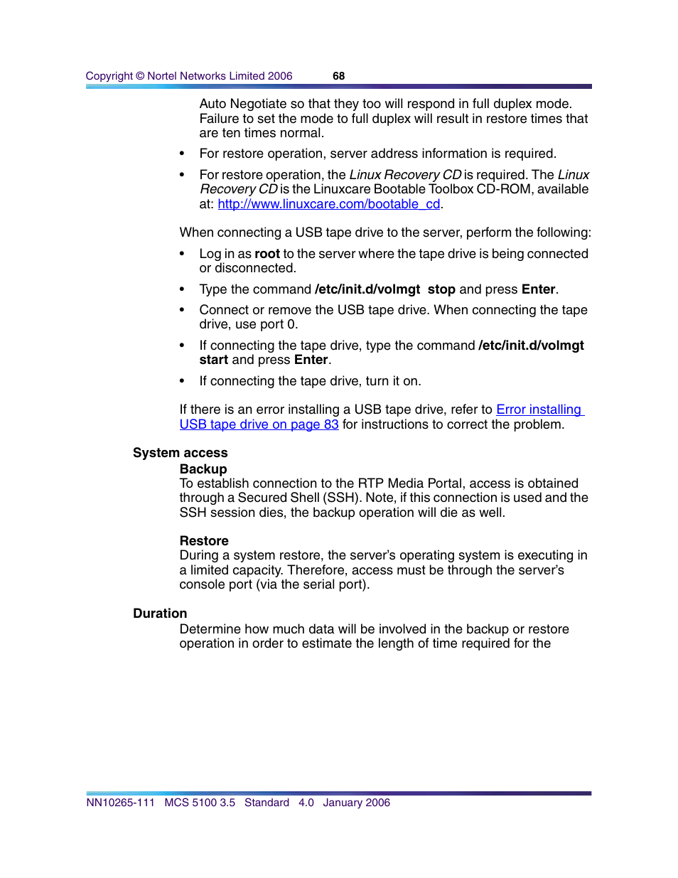 System access, Backup, Restore | Duration | Nortel Networks NN10265-111 User Manual | Page 68 / 118