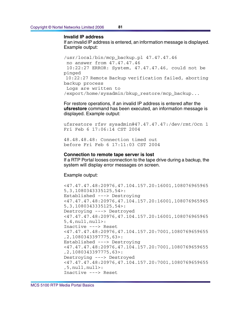 Invalid ip address, Connection to remote tape server is lost | Nortel Networks NN10265-111 User Manual | Page 81 / 118