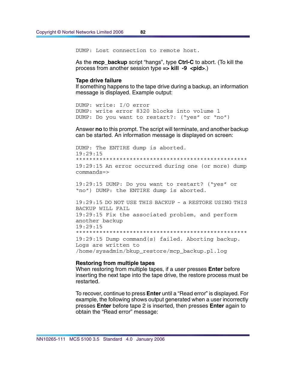 Tape drive failure, Restoring from multiple tapes | Nortel Networks NN10265-111 User Manual | Page 82 / 118