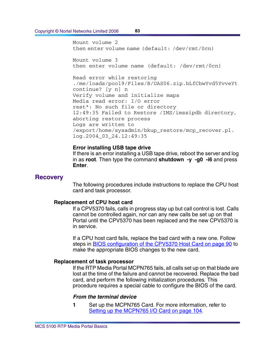 Error installing usb tape drive, Recovery, Replacement of cpu host card | Replacement of task processor, R to, Error installing | Nortel Networks NN10265-111 User Manual | Page 83 / 118