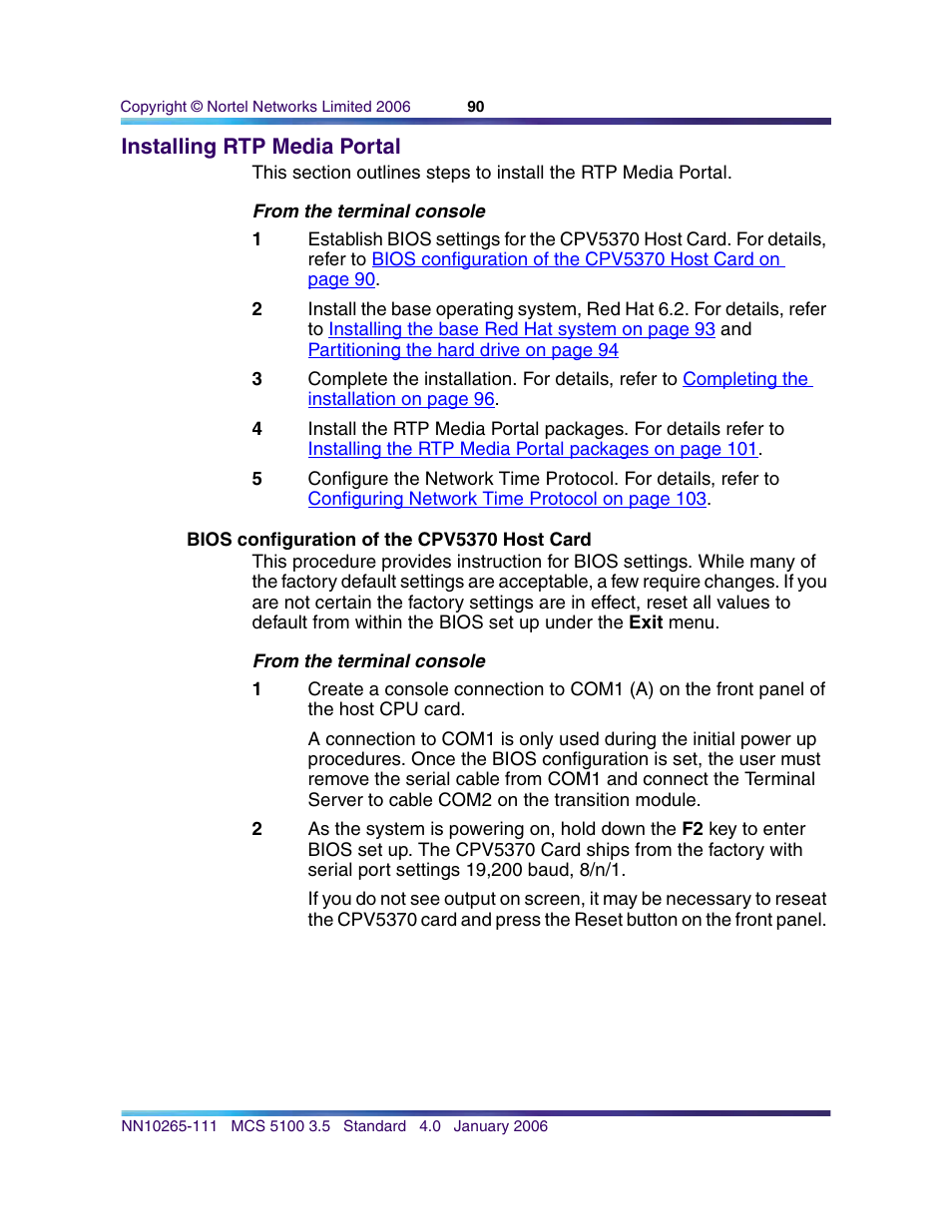 Installing rtp media portal, Bios configuration of the cpv5370 host card | Nortel Networks NN10265-111 User Manual | Page 90 / 118