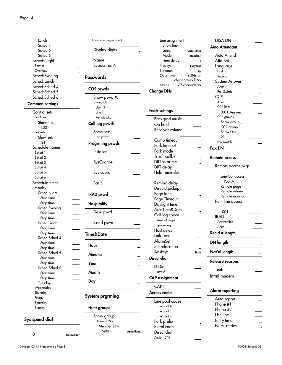 Sys speed dial, Passwords, Time&date | System prgrming | Nortel Networks ICS 4.1 User Manual | Page 10 / 77