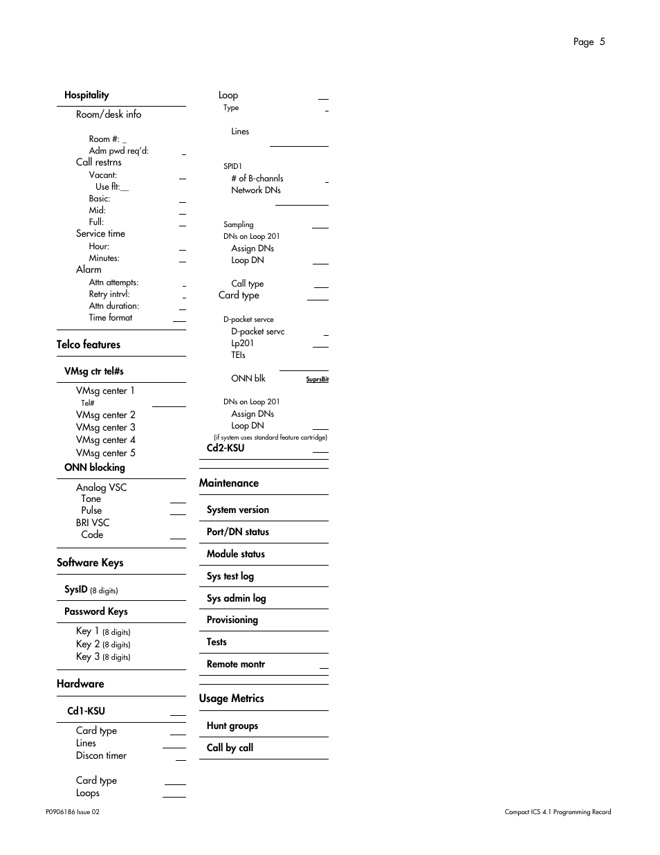 Telco features, Software keys, Hardware | Maintenance, Usage metrics | Nortel Networks ICS 4.1 User Manual | Page 11 / 77