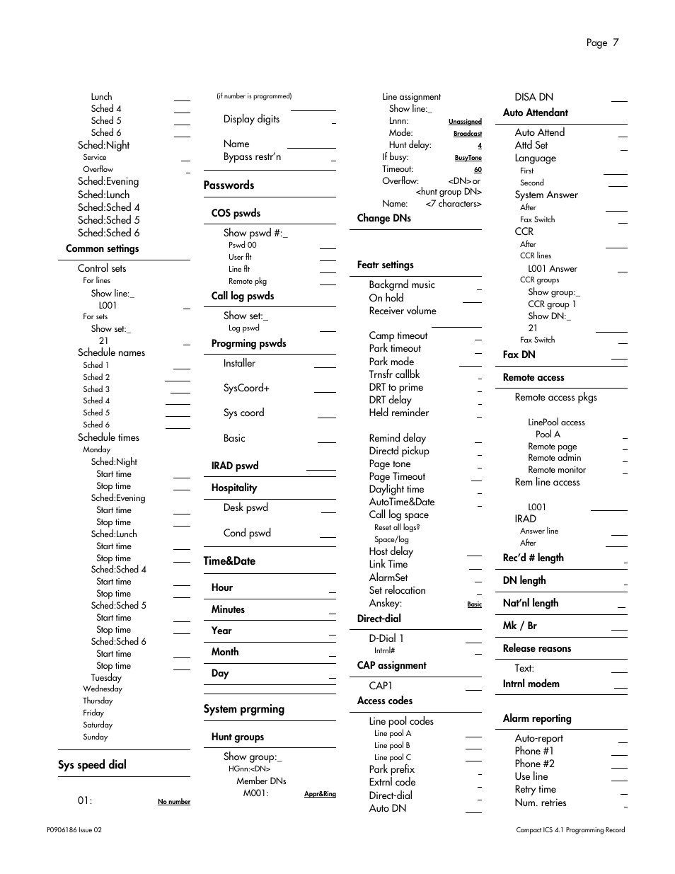 Sys speed dial, Passwords, Time&date | System prgrming | Nortel Networks ICS 4.1 User Manual | Page 13 / 77