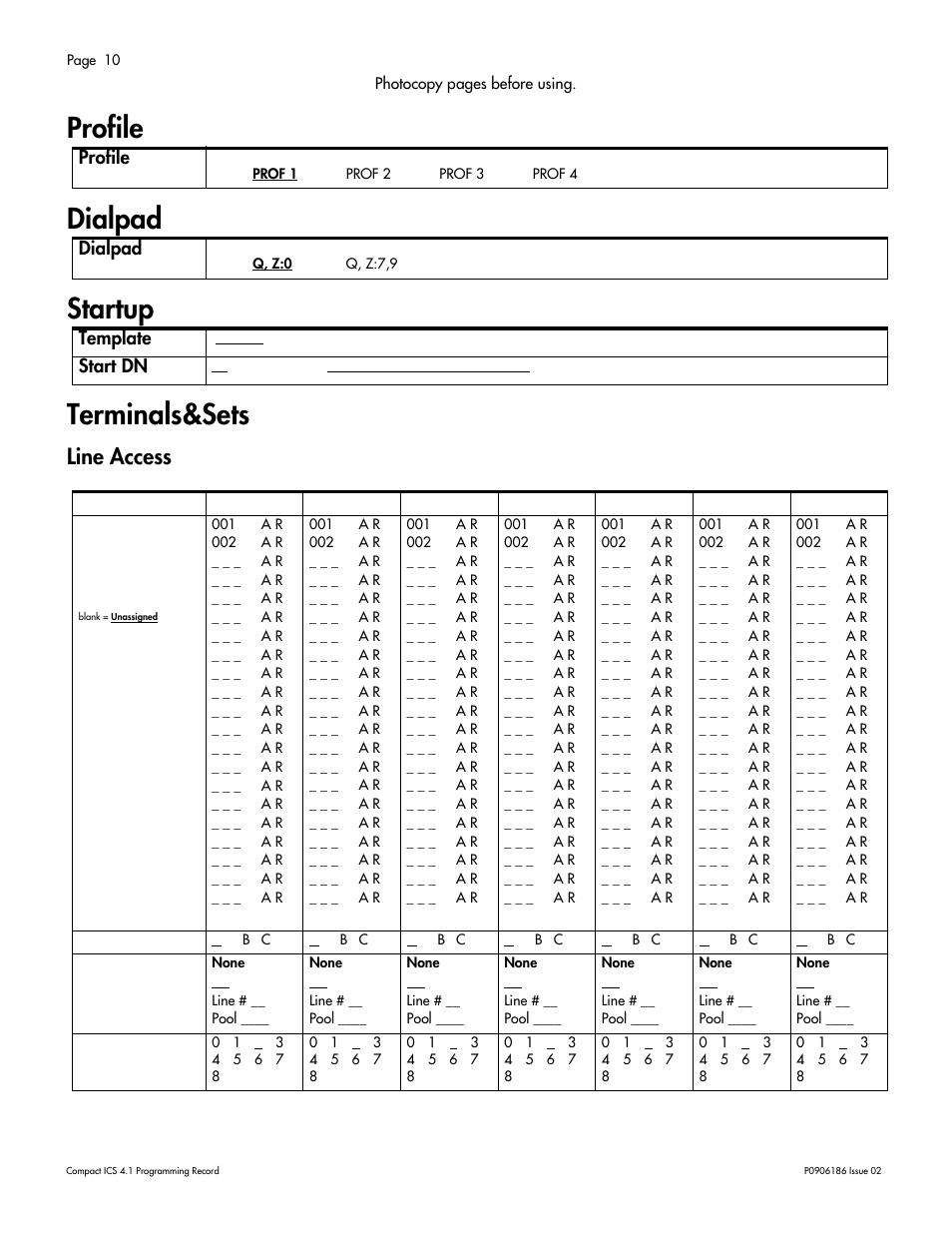 Profile, Dialpad, Startup | Terminals&sets, Line access, Profile 10, Dialpad 10, Startup 10, Terminals&sets 10, Line access 10 | Nortel Networks ICS 4.1 User Manual | Page 16 / 77