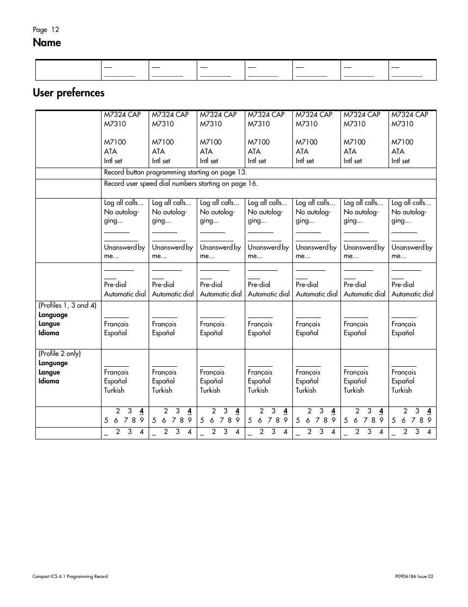 Name, User prefernces, Name 12 user prefernces 12 | Nortel Networks ICS 4.1 User Manual | Page 18 / 77