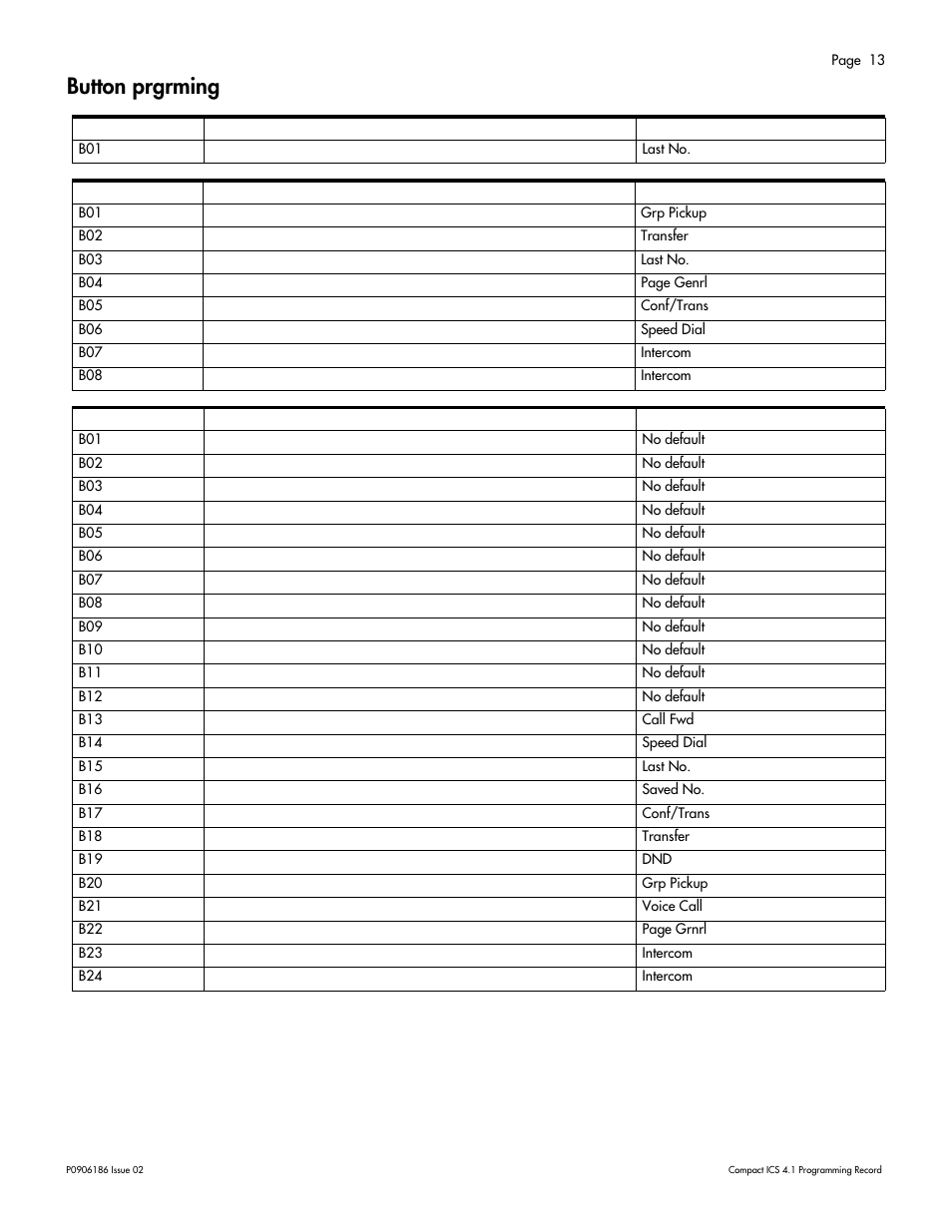 Button prgrming, Button prgrming 13 | Nortel Networks ICS 4.1 User Manual | Page 19 / 77