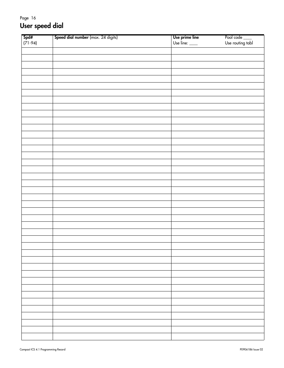 User speed dial, User speed dial 16 | Nortel Networks ICS 4.1 User Manual | Page 22 / 77