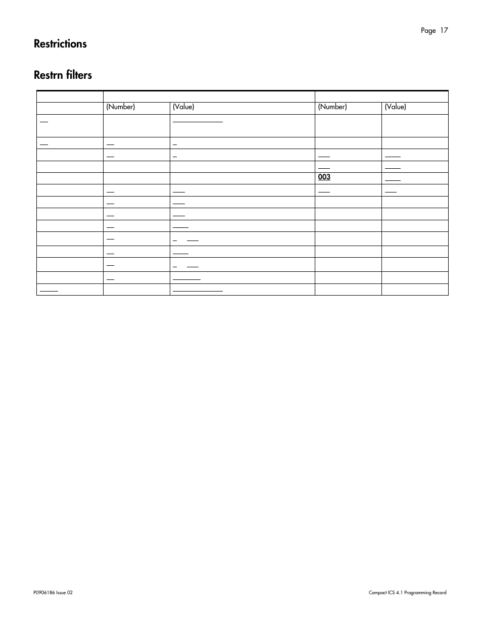 Restrictions, Restrn filters, Restrictions 17 | Restrn filters 17 | Nortel Networks ICS 4.1 User Manual | Page 23 / 77
