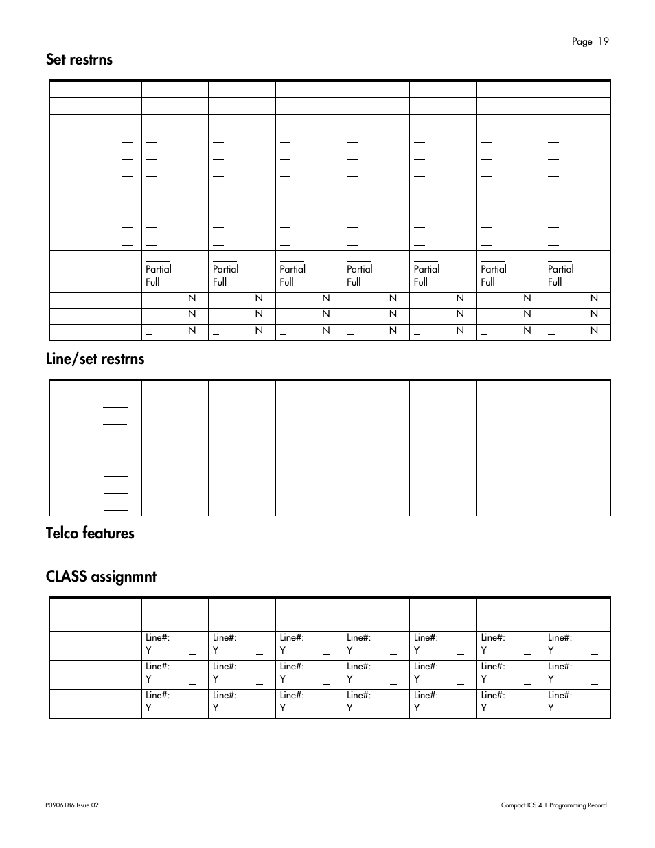 Set restrns, Line/set restrns, Telco features | Class assignmnt, Set restrns 19, Line/set restrns 19, Telco features 19, Class assignmnt 19 | Nortel Networks ICS 4.1 User Manual | Page 25 / 77