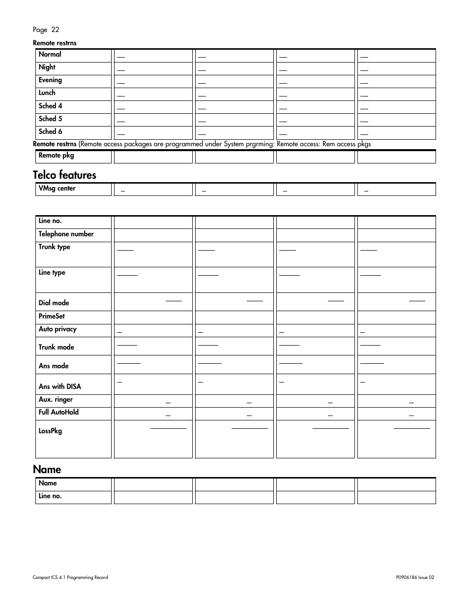 Telco features, Telco features 22, Telco features name | Nortel Networks ICS 4.1 User Manual | Page 28 / 77