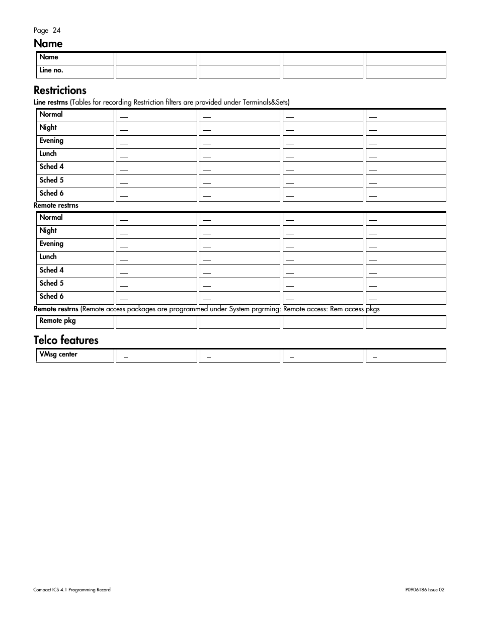 Telco features, Telco features 24, Name restrictions | Nortel Networks ICS 4.1 User Manual | Page 30 / 77