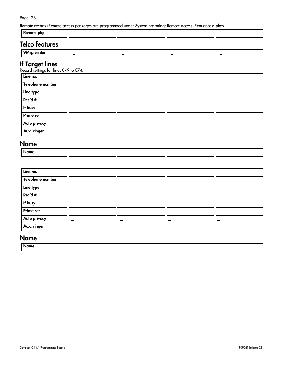 If target lines, If target lines 26, Telco features if target lines | Name name | Nortel Networks ICS 4.1 User Manual | Page 32 / 77