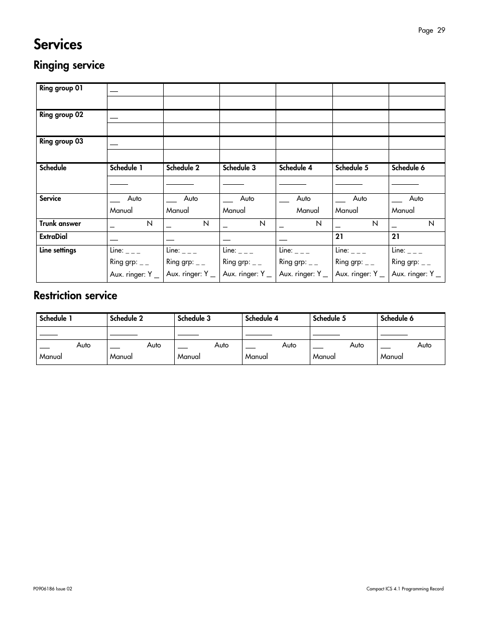 Services, Ringing service, Restriction service | Services 29, Ringing service 29 restriction service 29 | Nortel Networks ICS 4.1 User Manual | Page 35 / 77