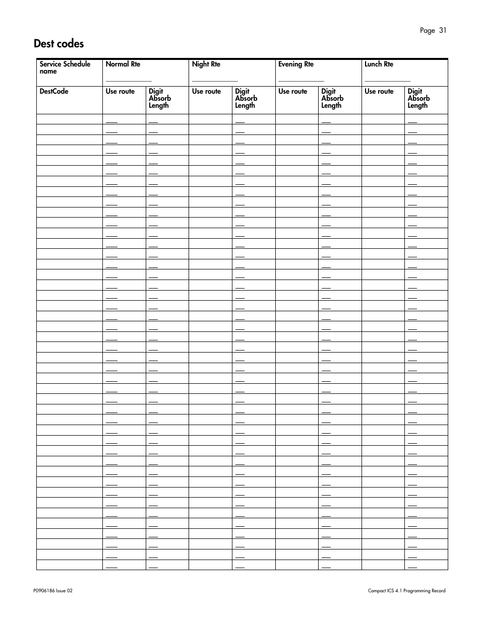 Dest codes, Dest codes 31 | Nortel Networks ICS 4.1 User Manual | Page 37 / 77
