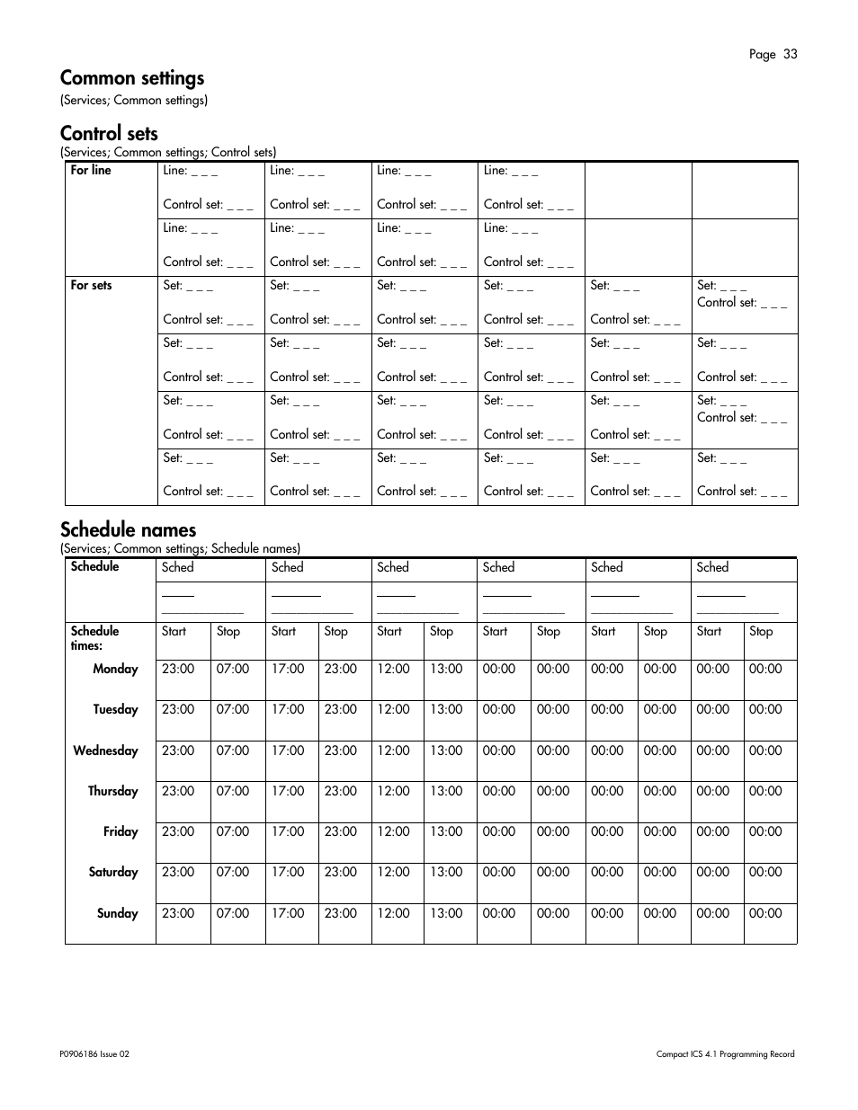 Common settings, Control sets, Schedule names | Common settings 33, Control sets 33, Schedule names 33 | Nortel Networks ICS 4.1 User Manual | Page 39 / 77