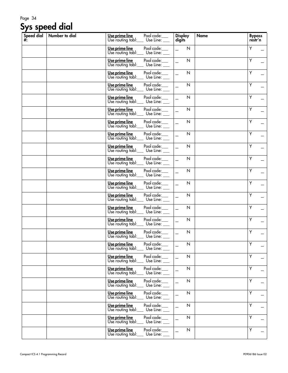 Sys speed dial, Sys speed dial 34 | Nortel Networks ICS 4.1 User Manual | Page 40 / 77