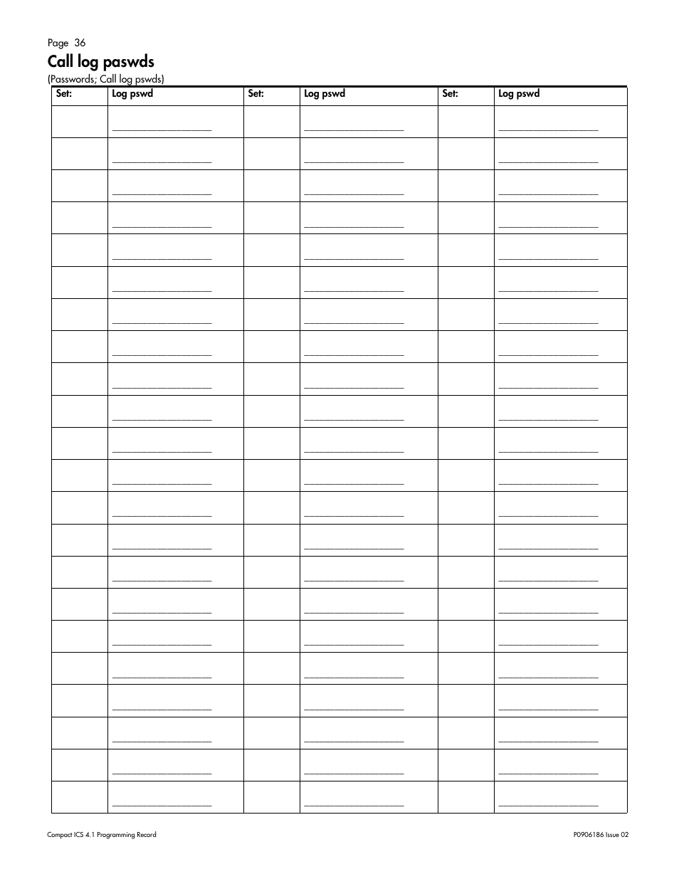 Call log paswds, Call log paswds 36 | Nortel Networks ICS 4.1 User Manual | Page 42 / 77
