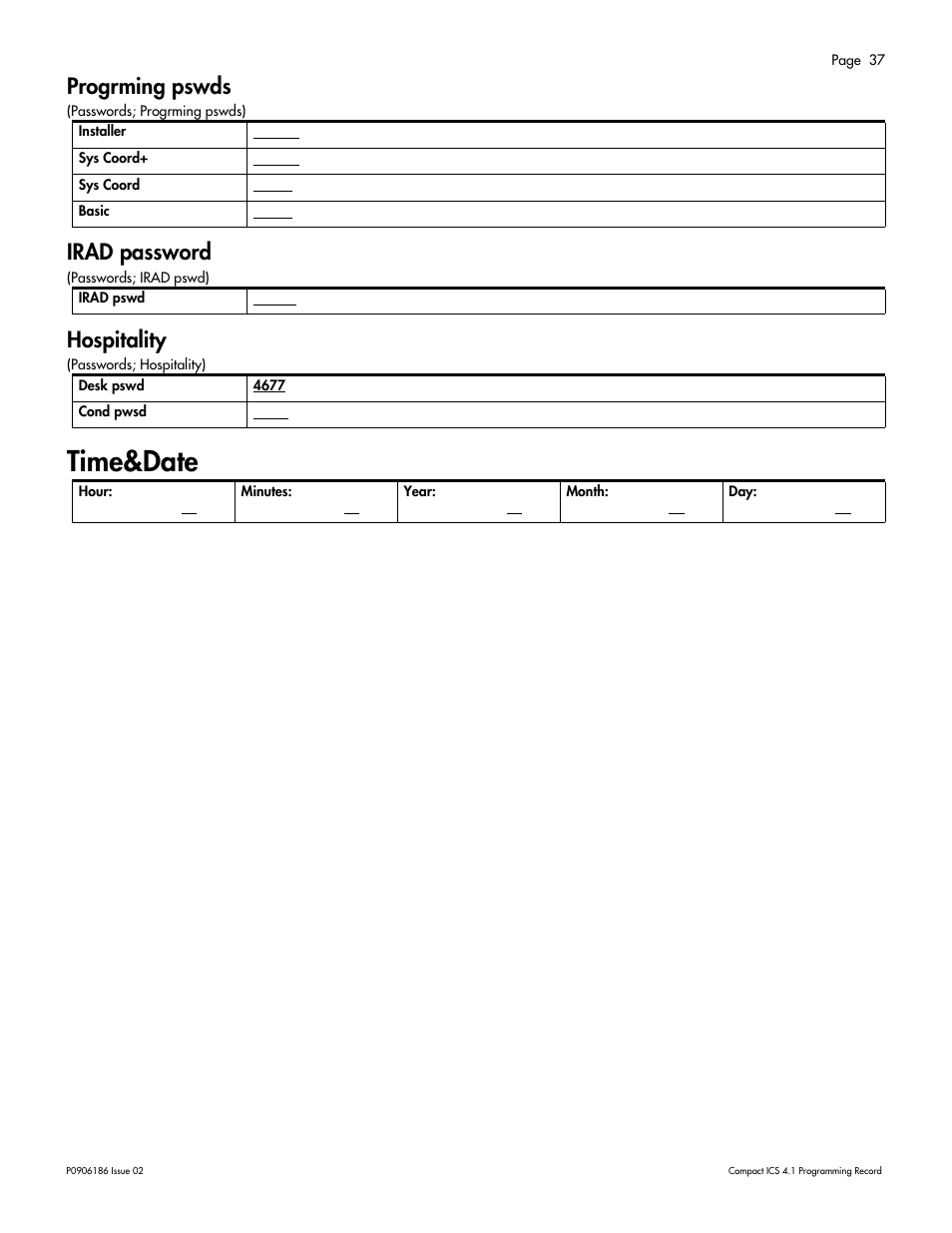 Progrming pswds, Irad password, Hospitality | Time&date, Progrming pswds 37 irad password 37 hospitality 37, Time&date 37 | Nortel Networks ICS 4.1 User Manual | Page 43 / 77