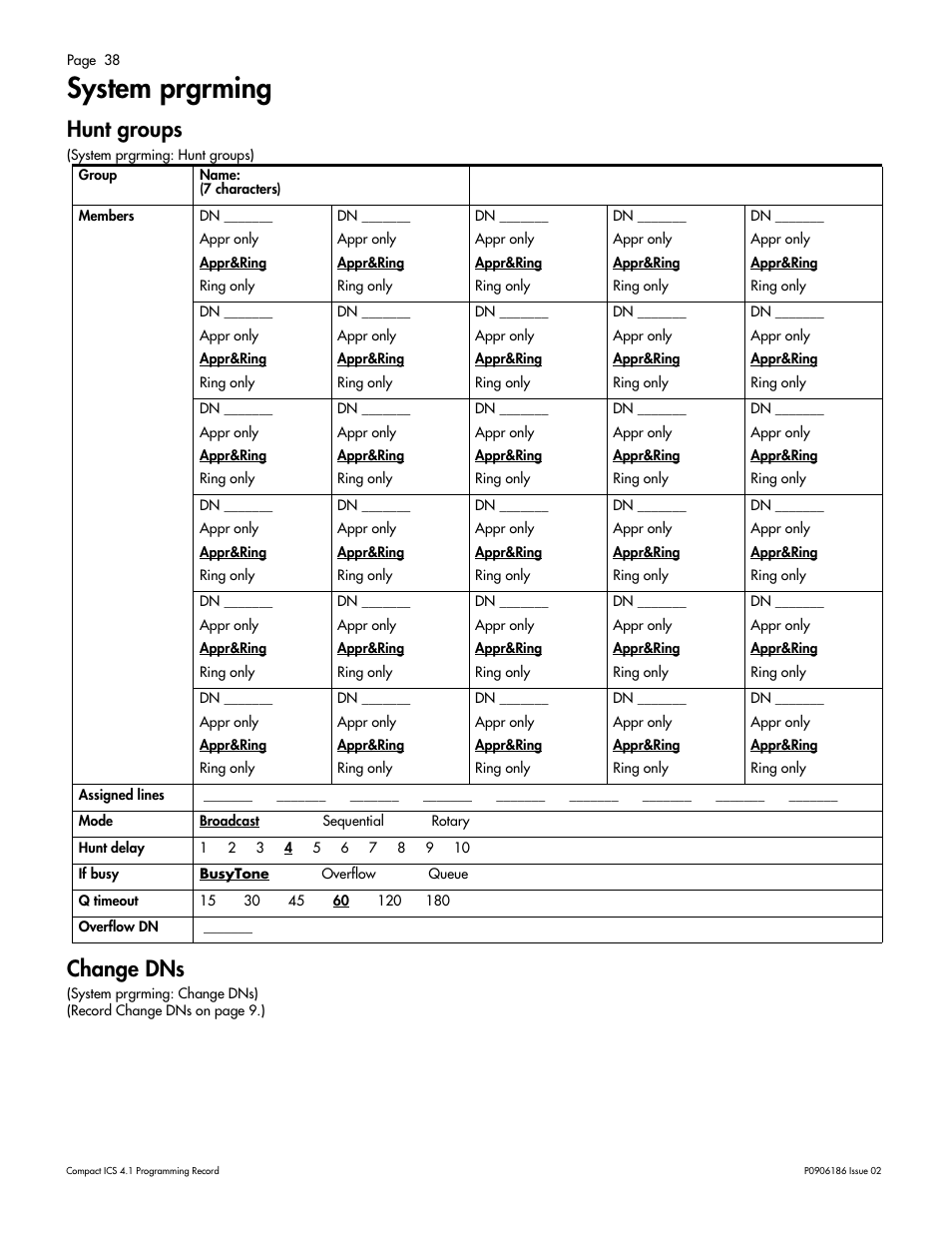 System prgrming, Hunt groups, Change dns | System prgrming 38, Hunt groups 38 change dns 38 | Nortel Networks ICS 4.1 User Manual | Page 44 / 77