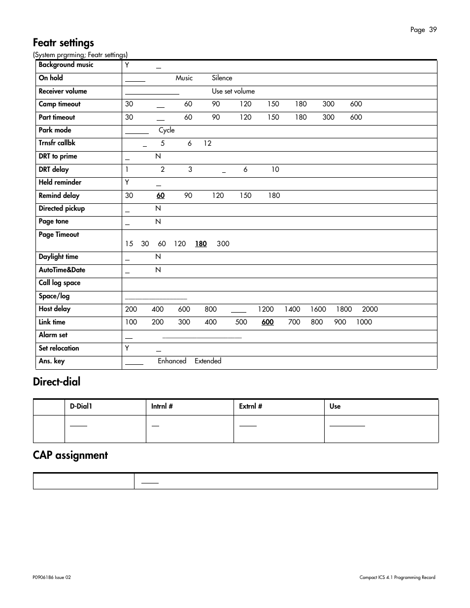 Featr settings, Direct-dial, Cap assignment | Featr settings 39 direct-dial 39 cap assignment 39 | Nortel Networks ICS 4.1 User Manual | Page 45 / 77