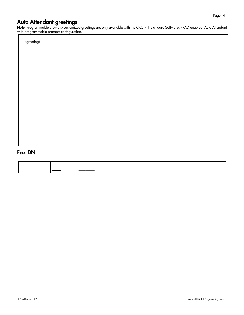 Auto attendant greetings, Fax dn, Auto attendant greetings 41 | Fax dn 41 | Nortel Networks ICS 4.1 User Manual | Page 47 / 77