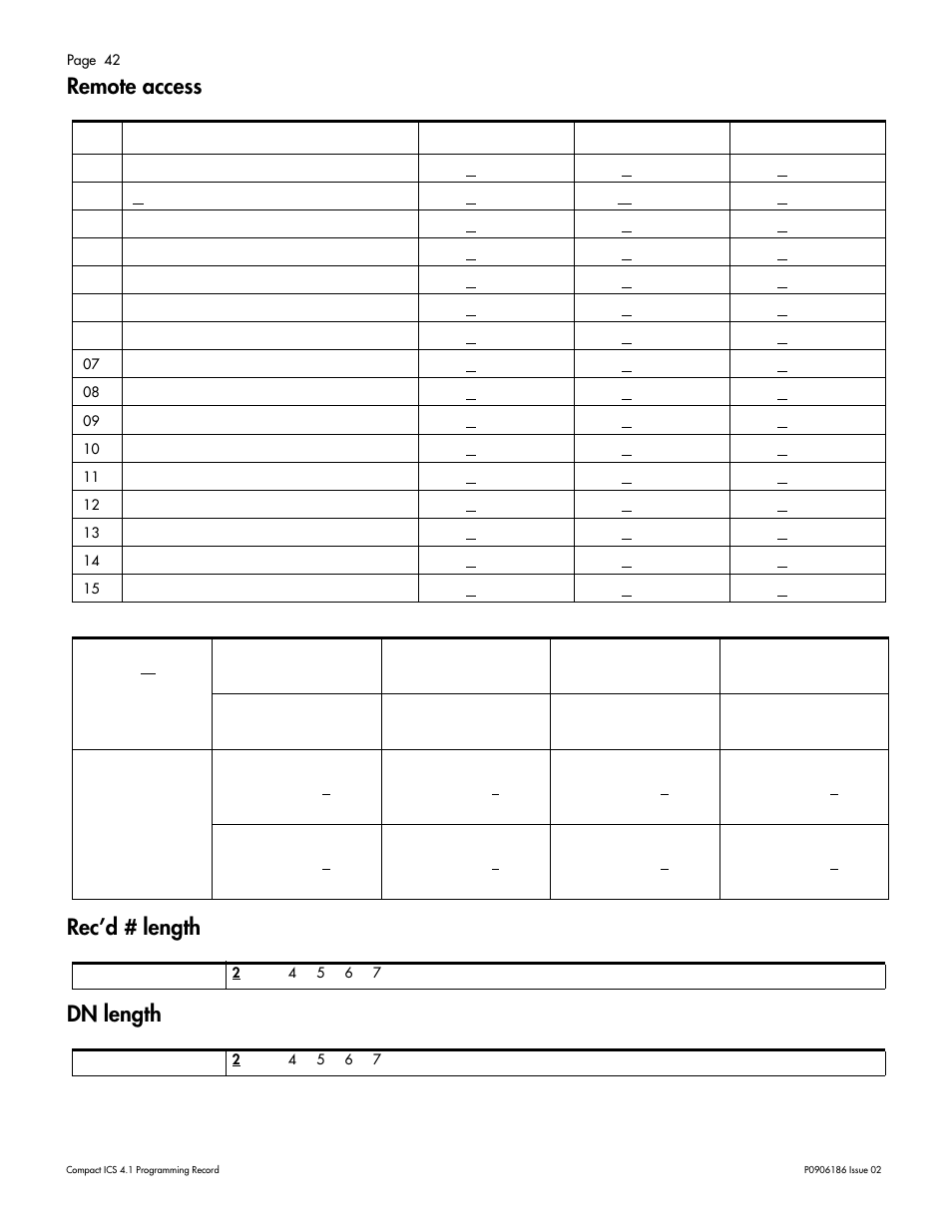 Remote access, Rec’d # length, Dn length | Remote access 42, Dn length 42, Recd # length | Nortel Networks ICS 4.1 User Manual | Page 48 / 77