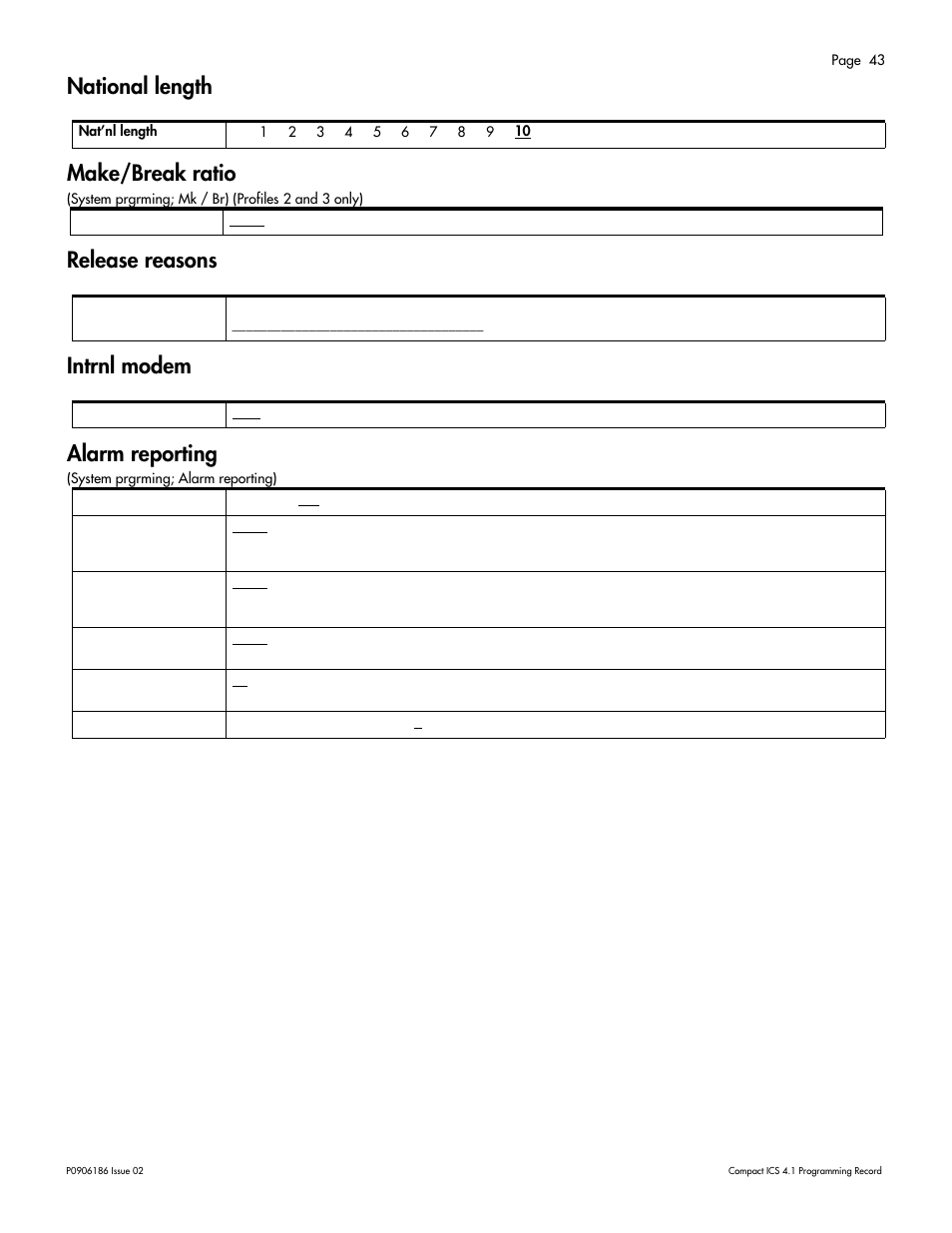 National length, Make/break ratio, Release reasons | Intrnl modem, Alarm reporting | Nortel Networks ICS 4.1 User Manual | Page 49 / 77
