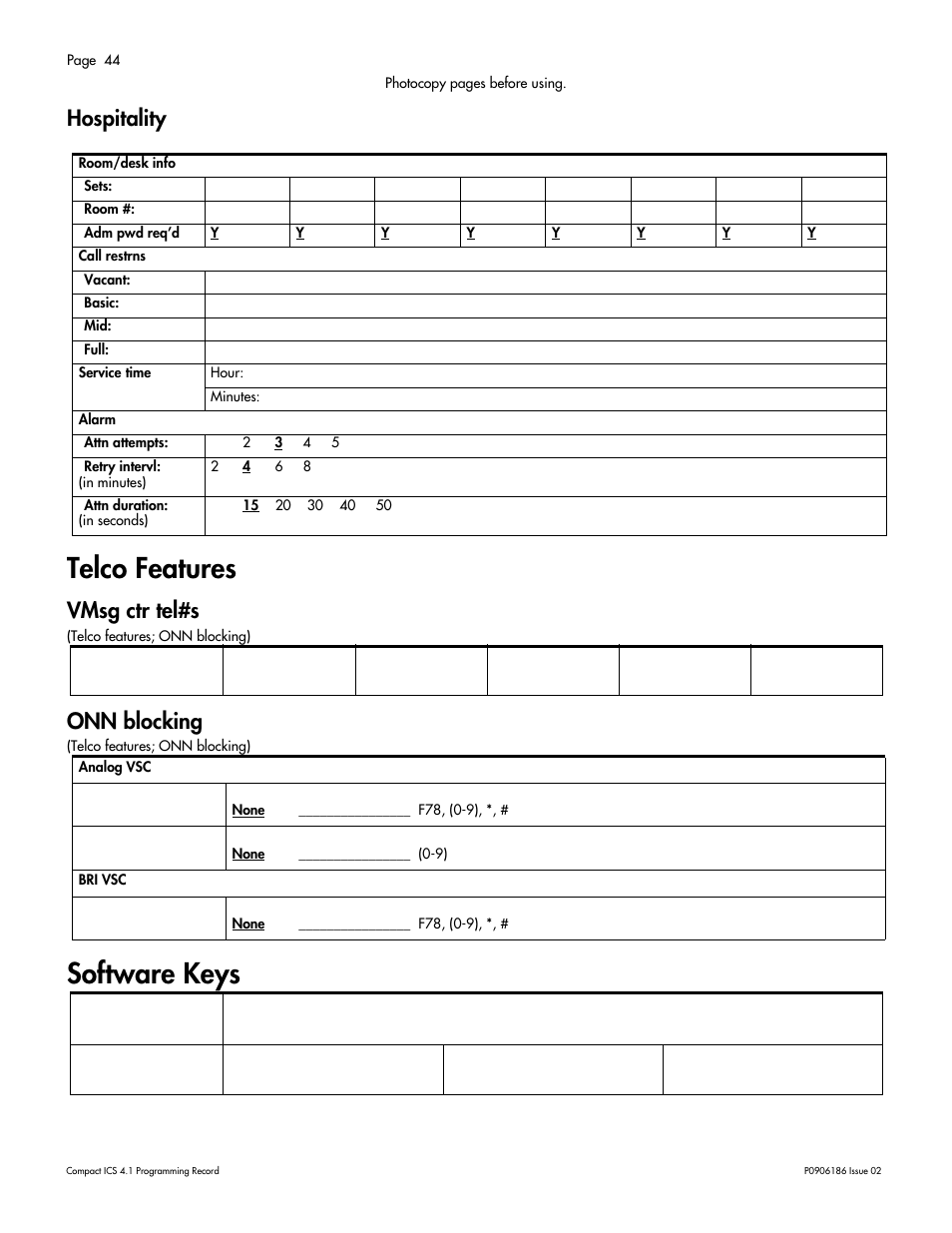 Hospitality, Telco features, Vmsg ctr tel#s | Onn blocking, Software keys, Hospitality 44, Telco features 44, Vmsg ctr tel#s 44 onn blocking 44, Software keys 44 | Nortel Networks ICS 4.1 User Manual | Page 50 / 77