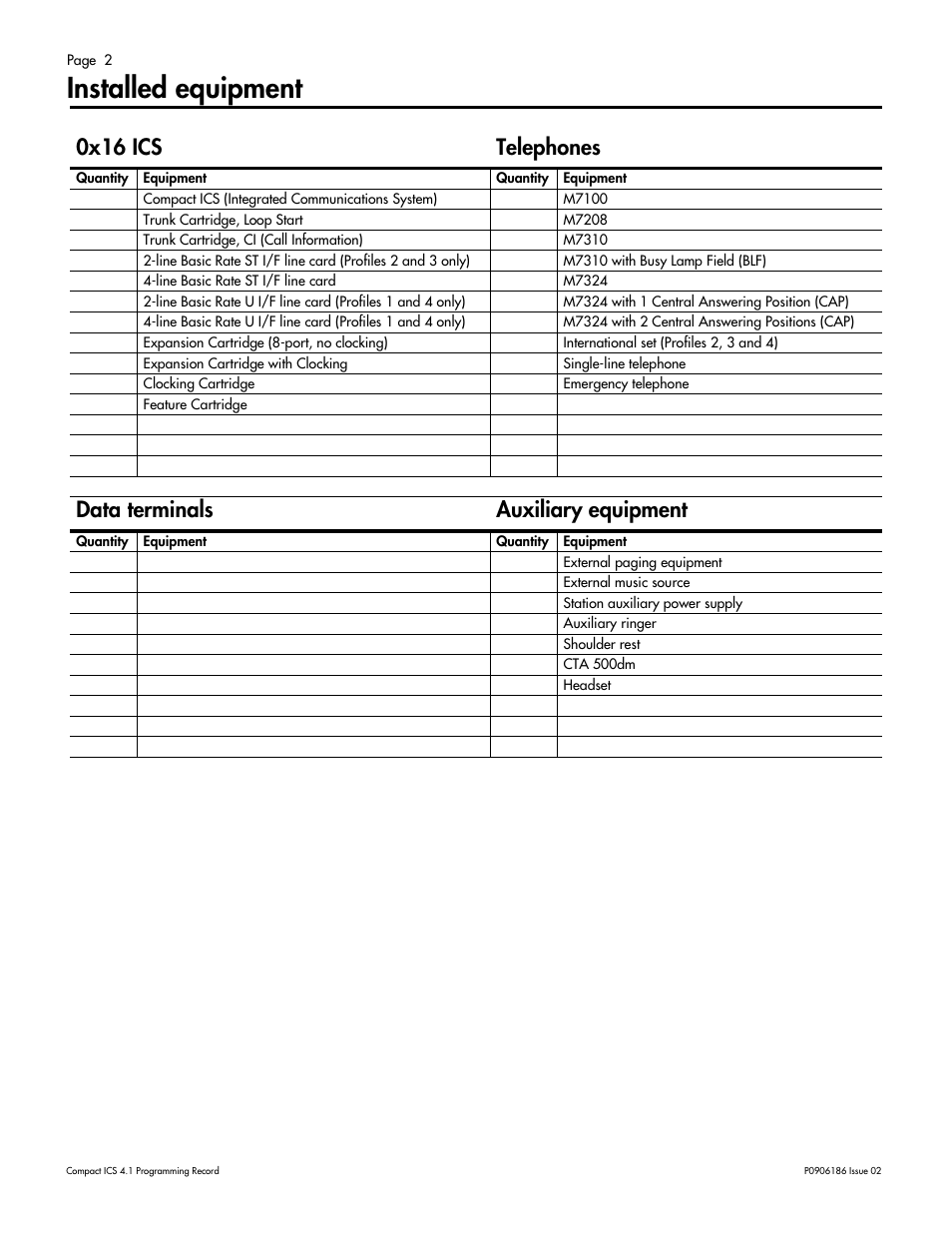 Installed equipment, Installed equipment 2, 0x16 ics telephones | Data terminals auxiliary equipment | Nortel Networks ICS 4.1 User Manual | Page 8 / 77