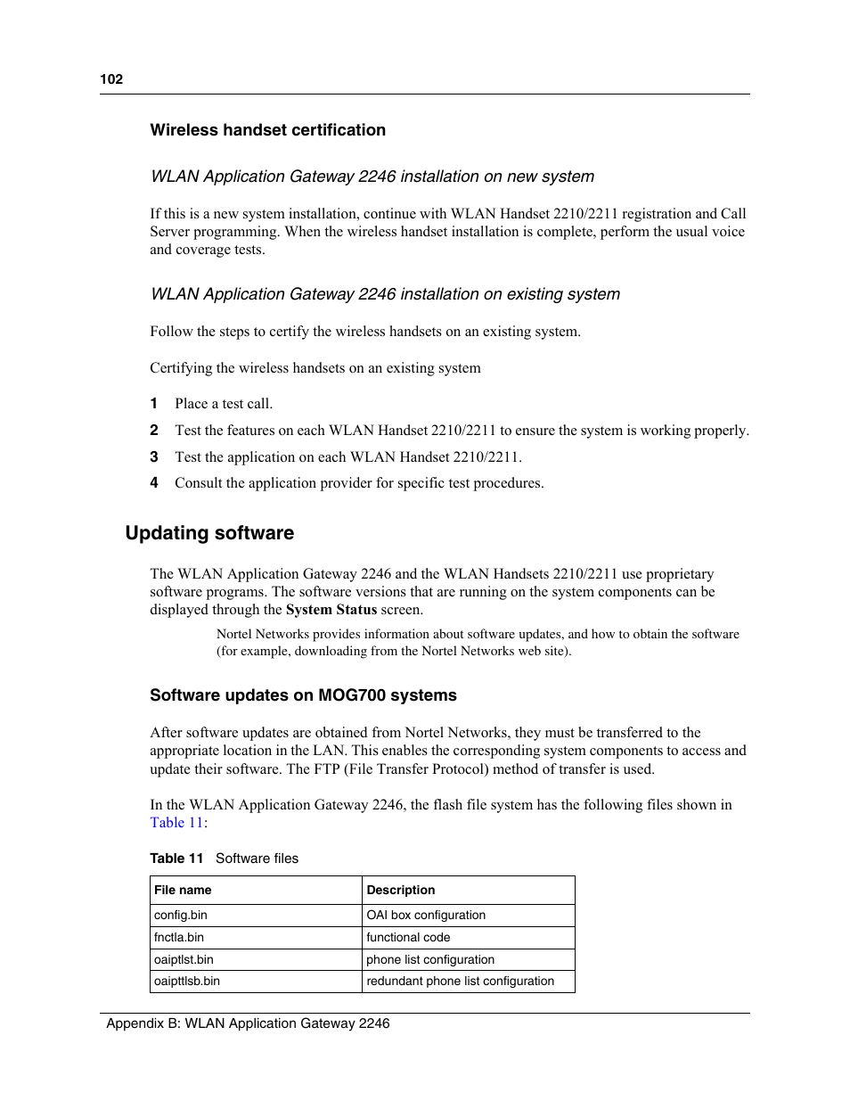 Wireless handset certification, Updating software, Software updates on mog700 systems | Table 11, Software files | Nortel Networks MOG6xx User Manual | Page 102 / 120